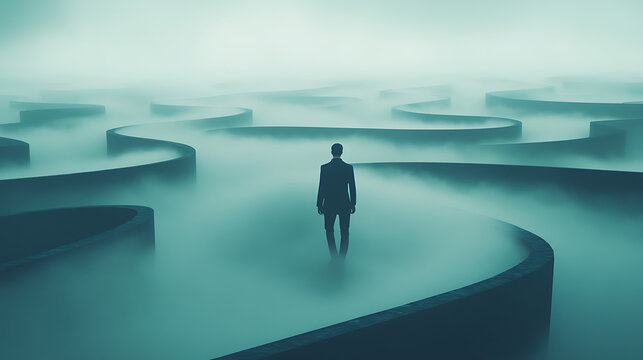 A lone figure in a suit stands amidst a surreal maze enveloped in mist, evoking feelings of solitude and introspection in a dreamlike landscape.