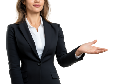 Businesswoman in a sleek black suit and white shirt gesturing with an open hand isolated on transparent background, symbolizing a welcoming or presenting gesture