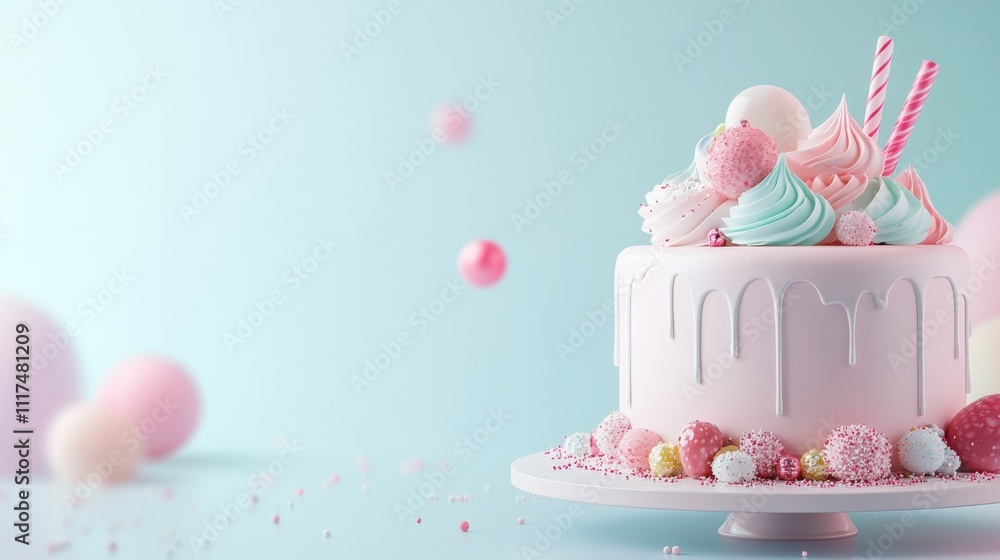 Poster 3d model of an empty cake with colorful decorations on background