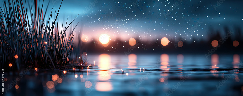 Poster serene twilight scene with gentle rain over calm water and soft glowing lights.