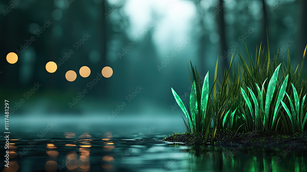 Poster serene water scene featuring glowing green grass and a misty background with bokeh lights.