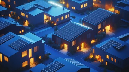 a modern solar energy system powering an urban housing complex, sleek photovoltaic arrays, glowing LED indicators, and clean modular layouts