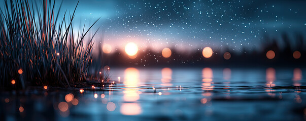 Serene twilight scene with gentle rain over calm water and soft glowing lights.