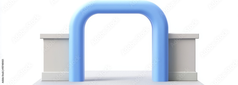 Poster modern architecture design featuring a 3d arch, abstract angular buildings in blue and white, gates 