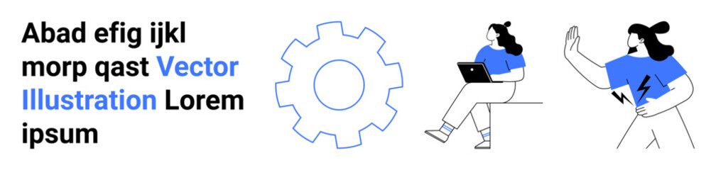 Cogwheel, person sitting with laptop, another character with raised hand and lightning bolts, paragraphs of text. Ideal for technology, innovation, teamwork, learning, presentations, web design