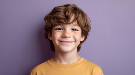 A cheerful young boy wearing a casual t-shirt poses against a soft purple background with a warm smile on his face. Generative AI