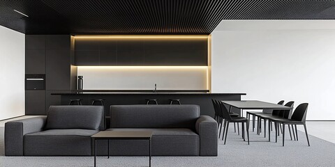 Fototapeta premium Modern and minimalist living room with a sleek black and white color scheme, designed for a comfortable and youthful atmosphere, perfect for contemporary spaces that embrace simplicity and style.