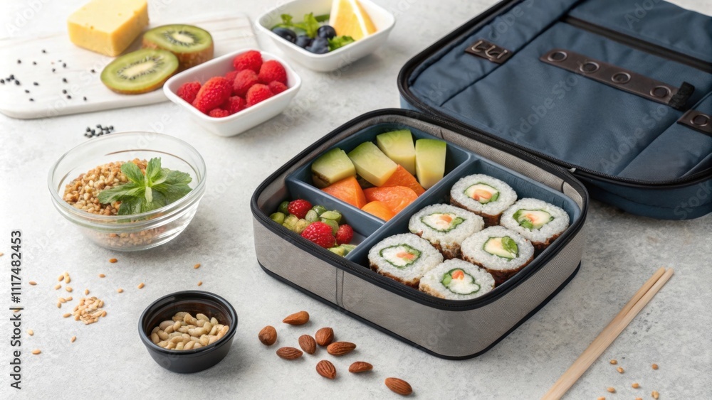 Poster an insulated lunch bag unzips to display a bento box with compartments filled with sushi rolls featu