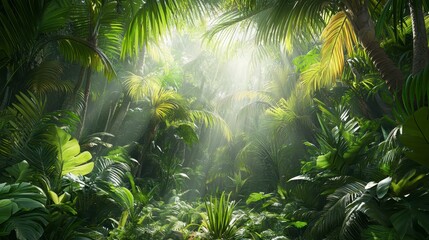 Naklejka premium Lush Tropical Rainforest Sunlight Beams Jungle Nature Background