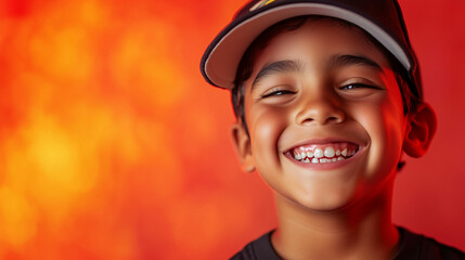 Joyful young Hispanic boy wearing a baseball cap enjoys a sunny day at the park, expressing excitement and happiness during playtime. Generative AI