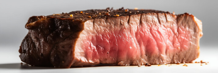 Close-up of a perfectly cooked steak with a light sear showcasing juicy texture and mouthwatering freshness on a simple plate. Generative AI