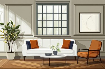 Fototapeta premium Modern and minimalist living room design with a comfortable, youthful vibe, featuring a sleek gray and white color scheme, creating a clean and stylish environment perfect for contemporary living.
