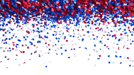 Red, blue glossy confetti flying on white background. Flying tinsel sparkles, gradient foil falling. Multi-colored confetti fall on transparent background, Holiday, birthday. Multicolored confetti png