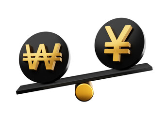 3d Golden Won And Yen Symbol On Rounded Black Icons With 3d Balance Weight Seesaw, 3d illustration
