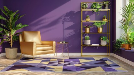 Modern living room, royal purple accent wall, gold armchair, geometric rug, low-profile shelves, and potted plants.
