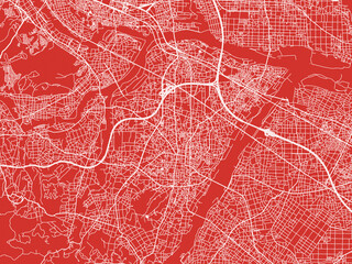 Christmas Map of Fujioka, Japan in Snowy White on Festive Red Background.