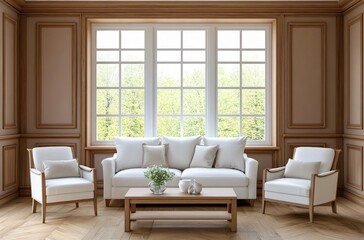 Fototapeta premium Modern and minimalist living room design with a comfortable, youthful vibe, featuring a sleek gray and white color scheme, creating a clean and stylish environment perfect for contemporary living.