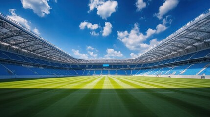 Empty Modern Soccer Stadium Under Blue Sky