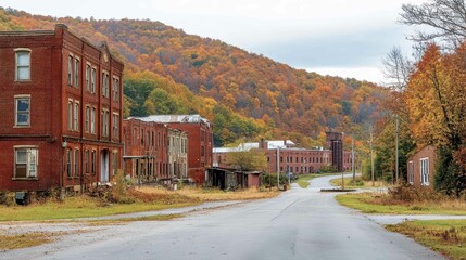 Obraz premium Abandoned buildings along a quiet road surrounded by autumn foliage.