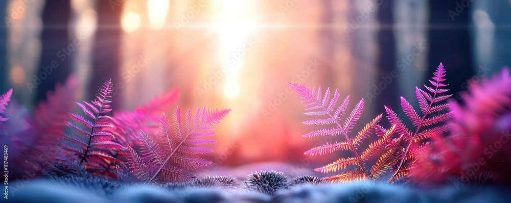 Poster vibrant fern leaves illuminated by soft sunlight in a mystical forest setting.