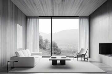 Fototapeta premium Modern and minimalist living room design with a comfortable, youthful vibe, featuring a sleek gray and white color scheme, creating a clean and stylish environment perfect for contemporary living.
