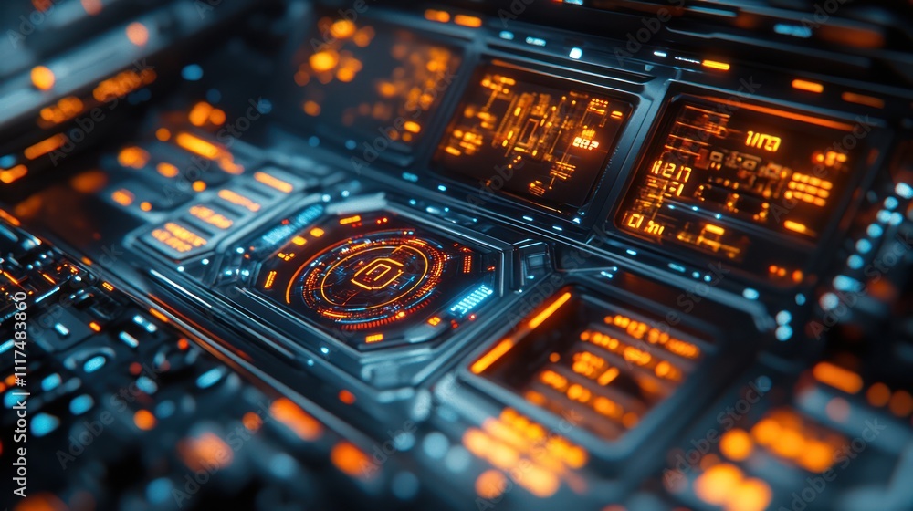 Poster futuristic sci-fi control panel with glowing interface.