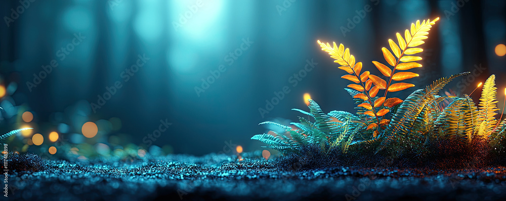Poster vibrant ferns illuminated by soft light in a mystical forest setting.