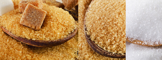 Collage of browm and white sugar.