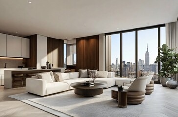 Fototapeta premium Modern and minimalist living room design with a comfortable, youthful vibe, featuring a sleek gray and white color scheme, creating a clean and stylish environment perfect for contemporary living.