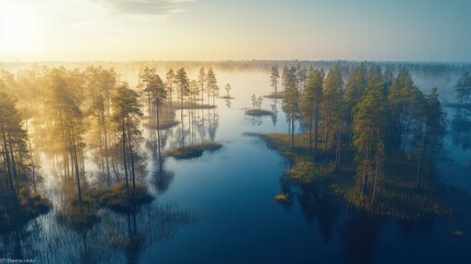 Fototapeta premium Misty Sunrise over Pine Forest Lake Serene Nature Landscape Photography