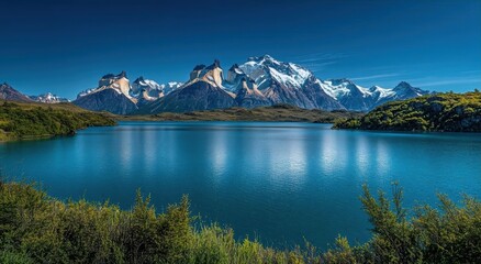 Serene mountain landscape with a tranquil lake and snow-capped peaks.