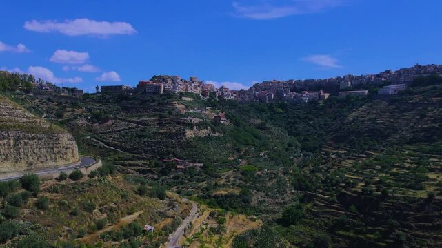 Aerial ascending view of the town of Centuripe in Sicily
