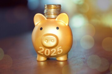Baby pig with coins on top and the numbers 2025 ,concept of new year financial success or dept....