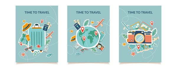 Set of travel concept cards with travel elements. Travel collages. Travel and vacation concept posters. Stickers. © Julia Anisimova