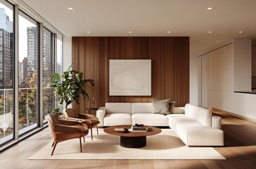 Fototapeta premium Contemporary interior design featuring a modern living room with stylish furniture, sleek decor, and an open, spacious layout that reflects a sophisticated and comfortable living environment.