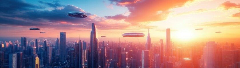 Fototapeta premium A futuristic city skyline at sunset, featuring flying vehicles against a backdrop of tall buildings and dramatic clouds.