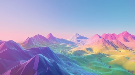 Vibrant Geometric Landscape with Tranquil Mountains and Colorful Sky, Capturing the Beauty of Nature in a Low-Poly Art Style for Creative Projects