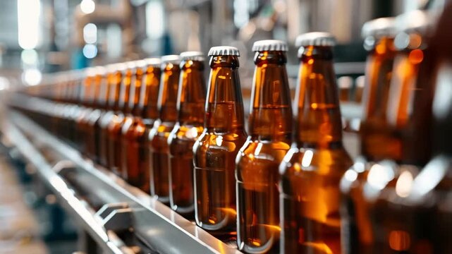 Many brown beer bottles on the conveyor belt in the brewery