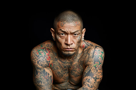 Portrait of a yakuza man showcasing intricate tattoos against a dark background, highlighting the artistry and cultural significance of his body art