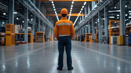 Worker in Safety Gear Standing in Large Industrial Warehouse with Bright Lighting and Organized Shelves