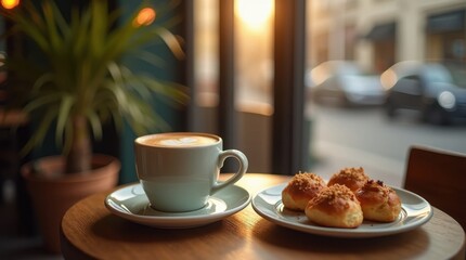 Fototapeta premium Cozy Cafe Corner with Latte and Pastries