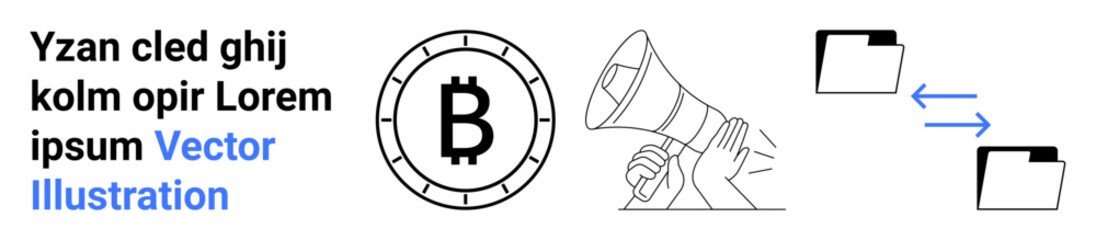 Bitcoin symbol inside a clock-thumbs up border, megaphone for marketing, and file transfer arrows between two folders. Ideal for financial technology, marketing, communication, file sharing