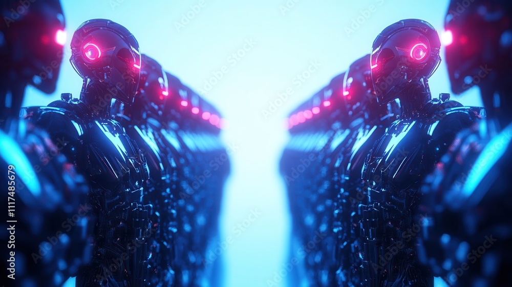 Poster futuristic robots with glowing red eyes, lined up against a soft blue background, creating a strikin