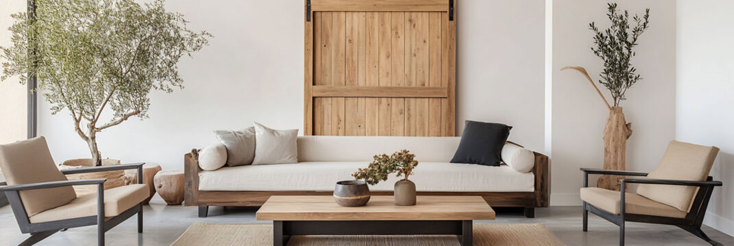Spacious living area designed with a wooden sofa lounge chairs and a sleek coffee table finished with a fullsize wooden farm door in the background all on a white backdrop