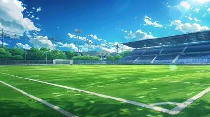 Fototapeta premium A vibrant soccer field under a bright sky, ready for a game.