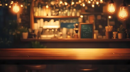 Cozy and Charming Interior of a Modern Café with Warm Lighting and Wooden Countertop Creating an Inviting Atmosphere for Relaxation and Socializing