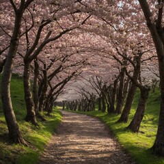 A forest trail lined with cherry blossom trees in full bloom.