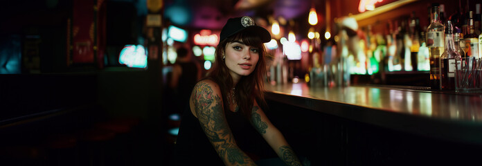 Fototapeta premium Tattooed woman enjoying a night out, seated at a bar surrounded by vibrant lights and a lively atmosphere