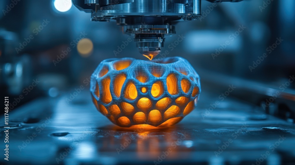 Poster 3d printer creating a glowing lattice sphere.