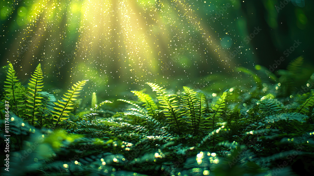 Aufkleber vibrant green ferns illuminated by soft sunlight in a serene forest setting.
